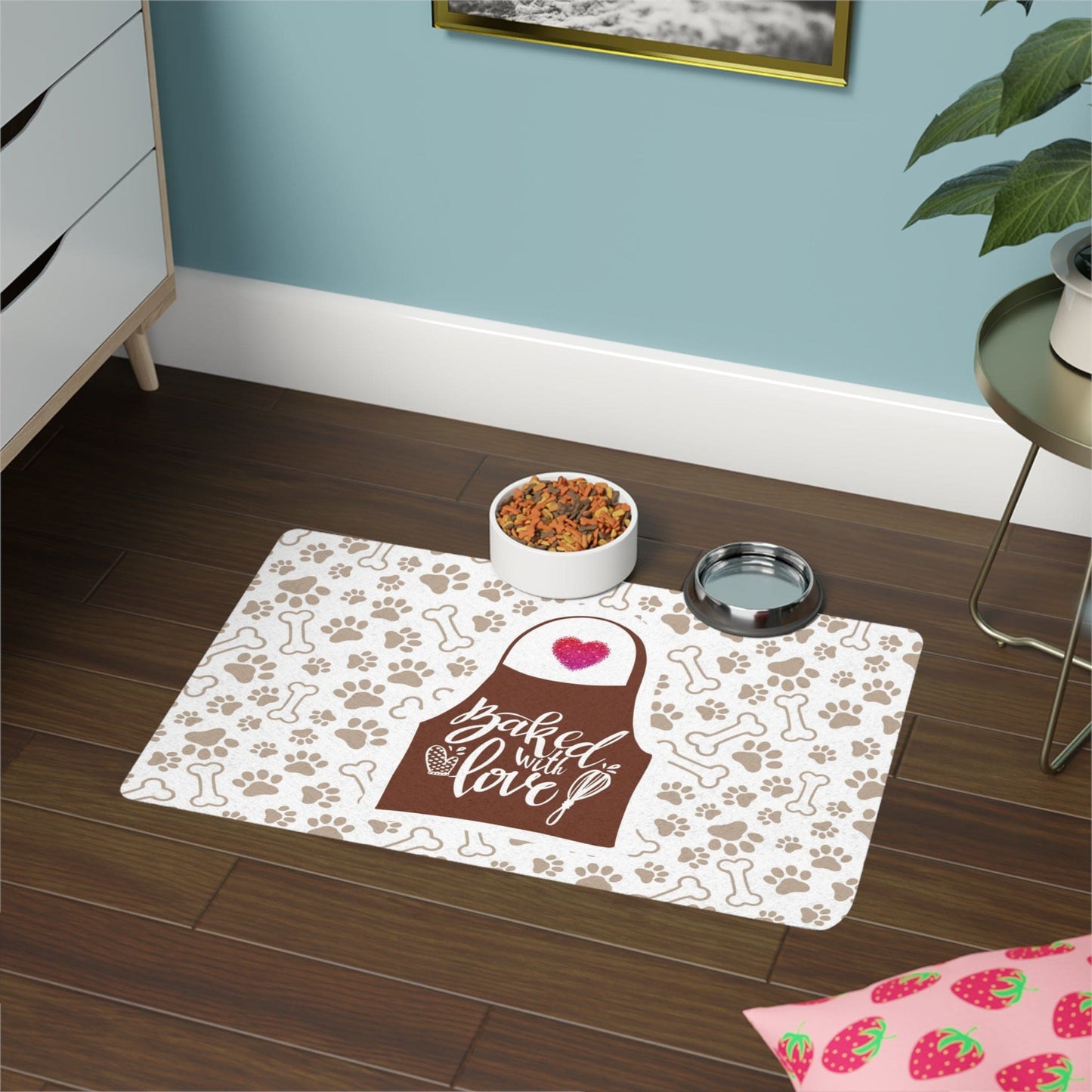 “Baked With Love” Apron image - Dog-Themed Pet Food Mat - “Paws & Bones” design (White, 12x18)
