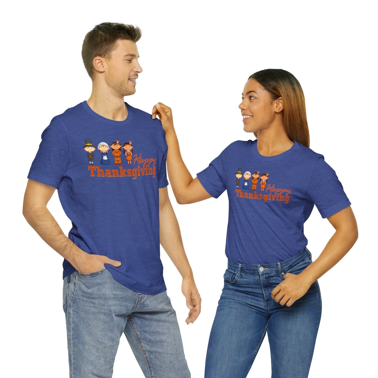 Happy Thanksgiving: "Happy Thanksgiving" w/Pilgrims & Native American Friends Design T-Shirt