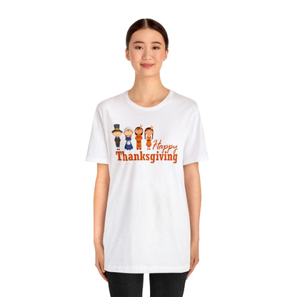 Happy Thanksgiving: "Happy Thanksgiving" w/Pilgrims & Native American Friends Design T-Shirt