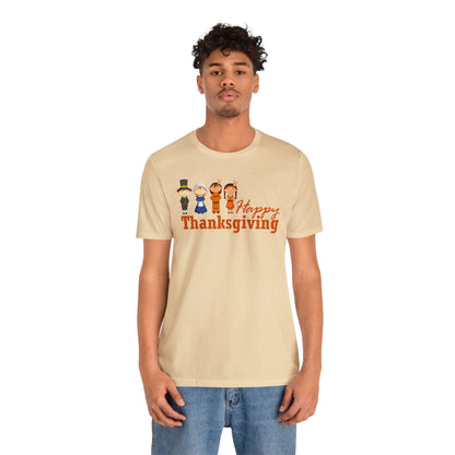 Happy Thanksgiving: "Happy Thanksgiving" w/Pilgrims & Native American Friends Design T-Shirt