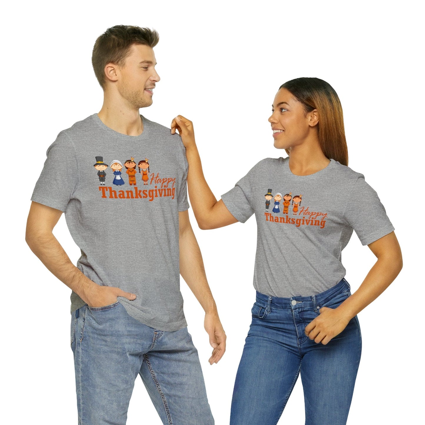 Happy Thanksgiving: "Happy Thanksgiving" w/Pilgrims & Native American Friends Design T-Shirt