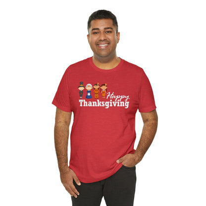 Happy Thanksgiving: "Happy Thanksgiving" w/Pilgrims & Native American Friends Design T-Shirt