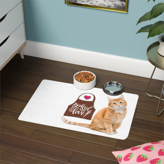 “Baked With Love” Apron image - Cat-Themed Pet Food "Side" Mat - Orange Tabby (White, 12x18)