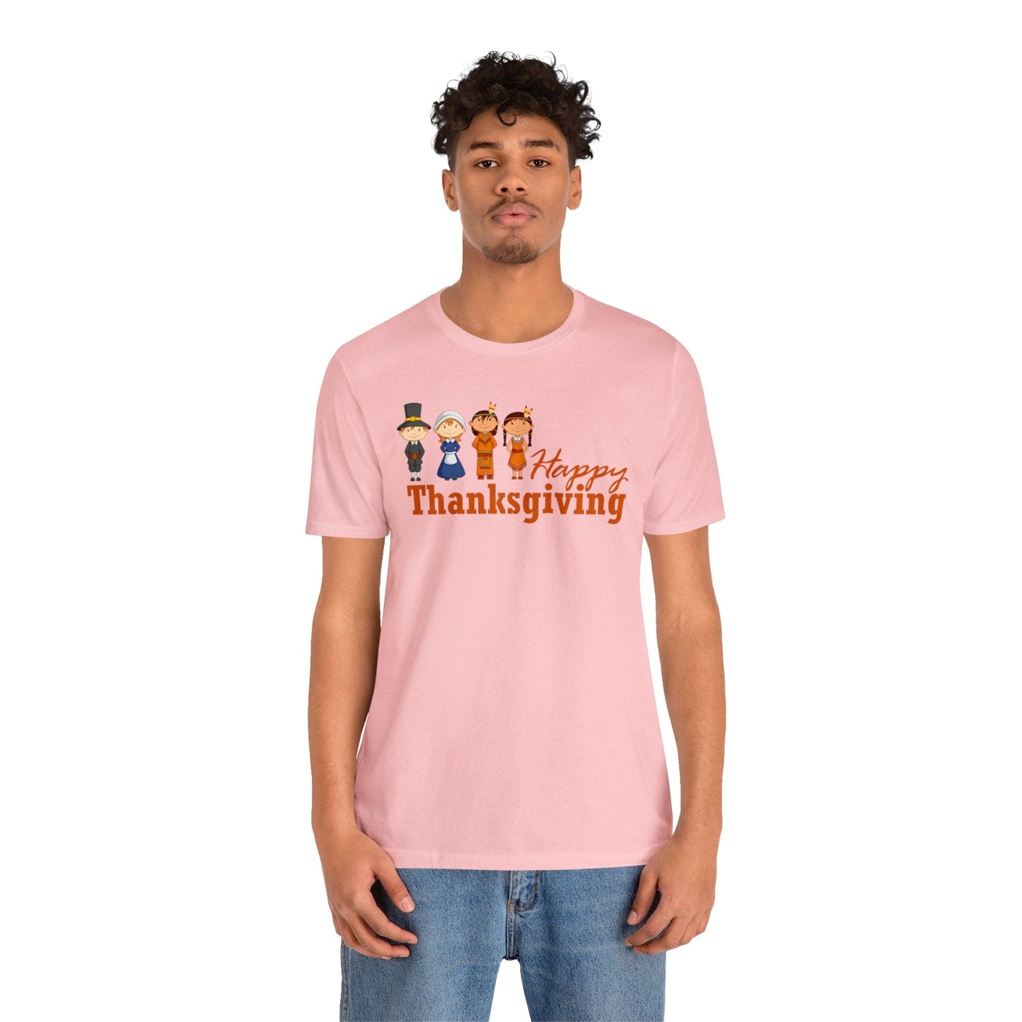 Happy Thanksgiving: "Happy Thanksgiving" w/Pilgrims & Native American Friends Design T-Shirt