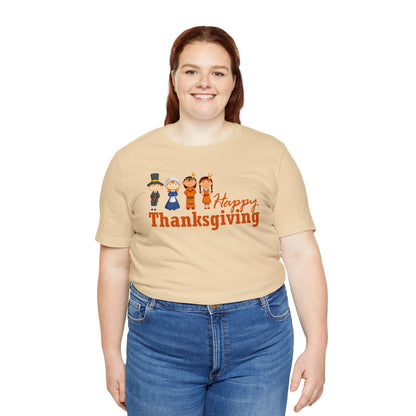 Happy Thanksgiving: "Happy Thanksgiving" w/Pilgrims & Native American Friends Design T-Shirt