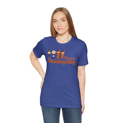 Happy Thanksgiving: "Happy Thanksgiving" w/Pilgrims & Native American Friends Design T-Shirt