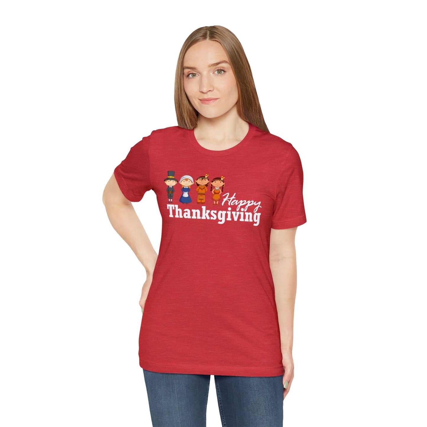 Happy Thanksgiving: "Happy Thanksgiving" w/Pilgrims & Native American Friends Design T-Shirt