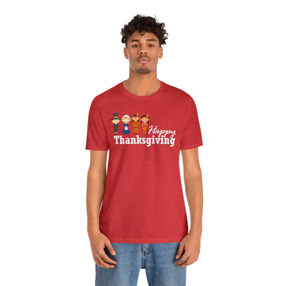 Happy Thanksgiving: "Happy Thanksgiving" w/Pilgrims & Native American Friends Design T-Shirt