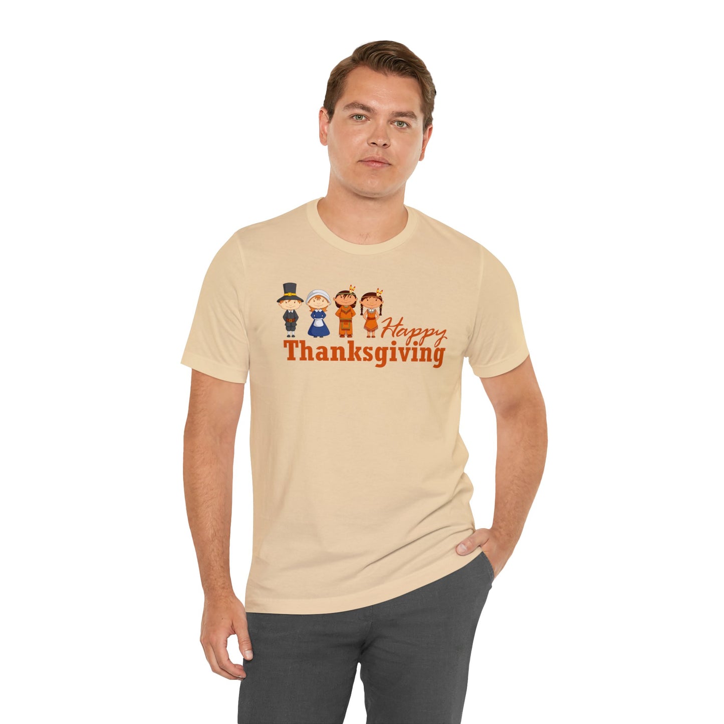 Happy Thanksgiving: "Happy Thanksgiving" w/Pilgrims & Native American Friends Design T-Shirt