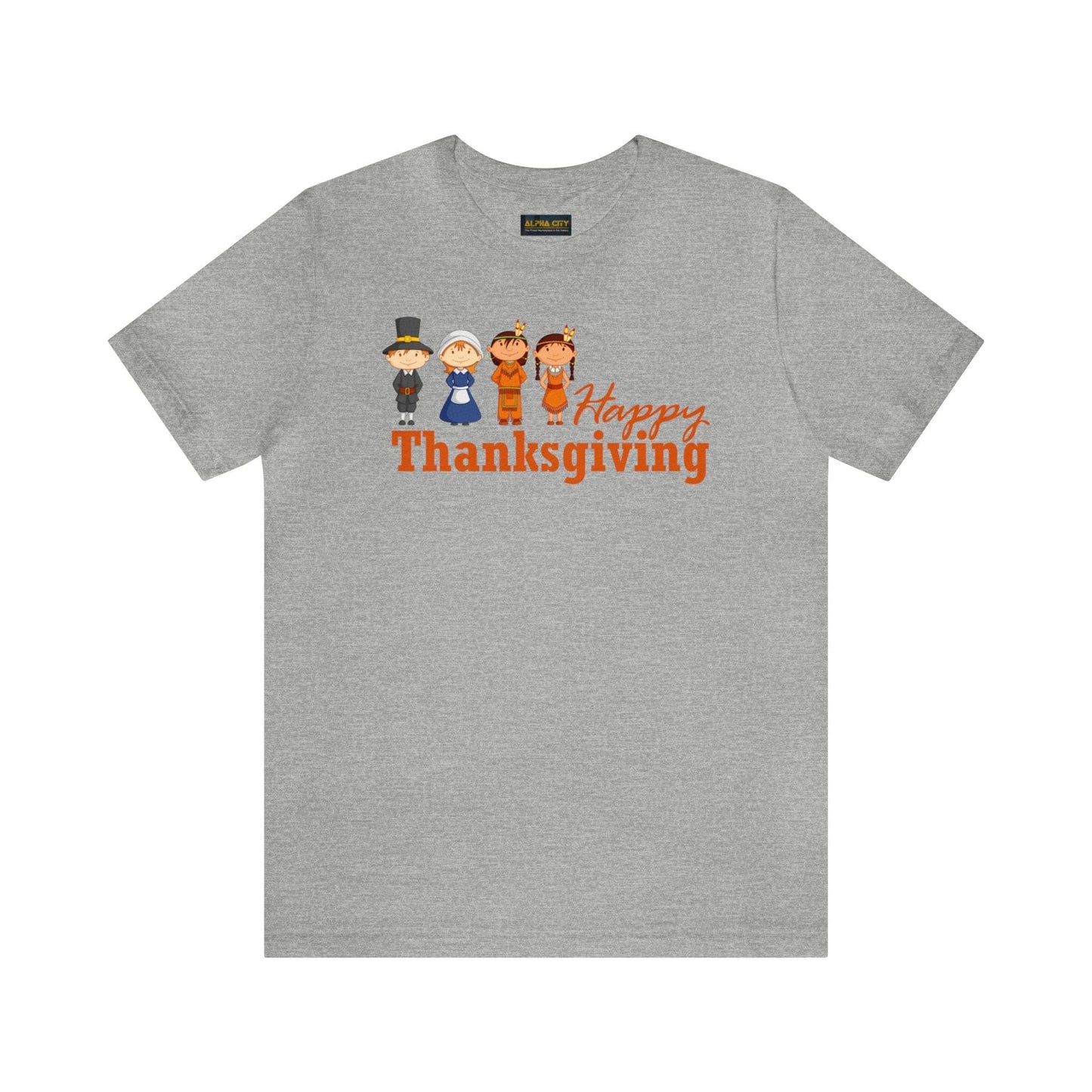 Happy Thanksgiving: "Happy Thanksgiving" w/Pilgrims & Native American Friends Design T-Shirt