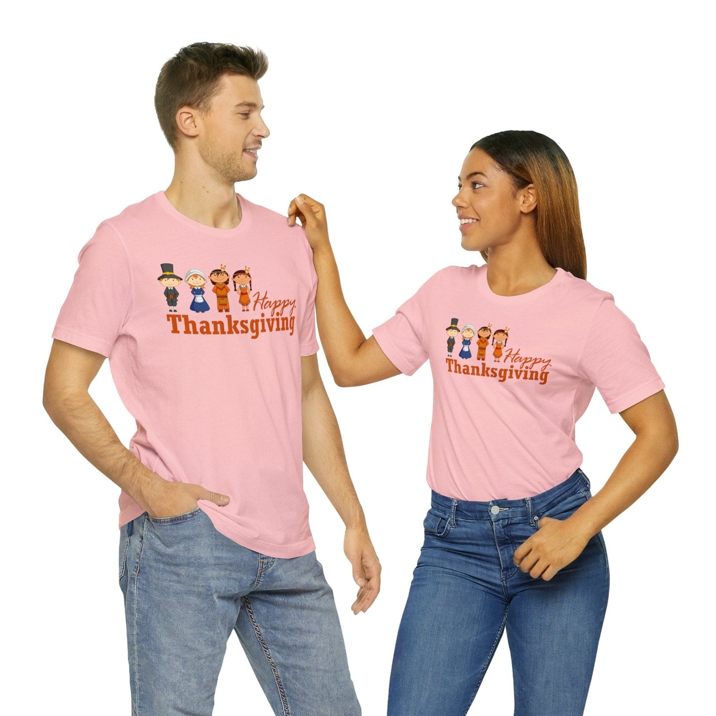 Happy Thanksgiving: "Happy Thanksgiving" w/Pilgrims & Native American Friends Design T-Shirt