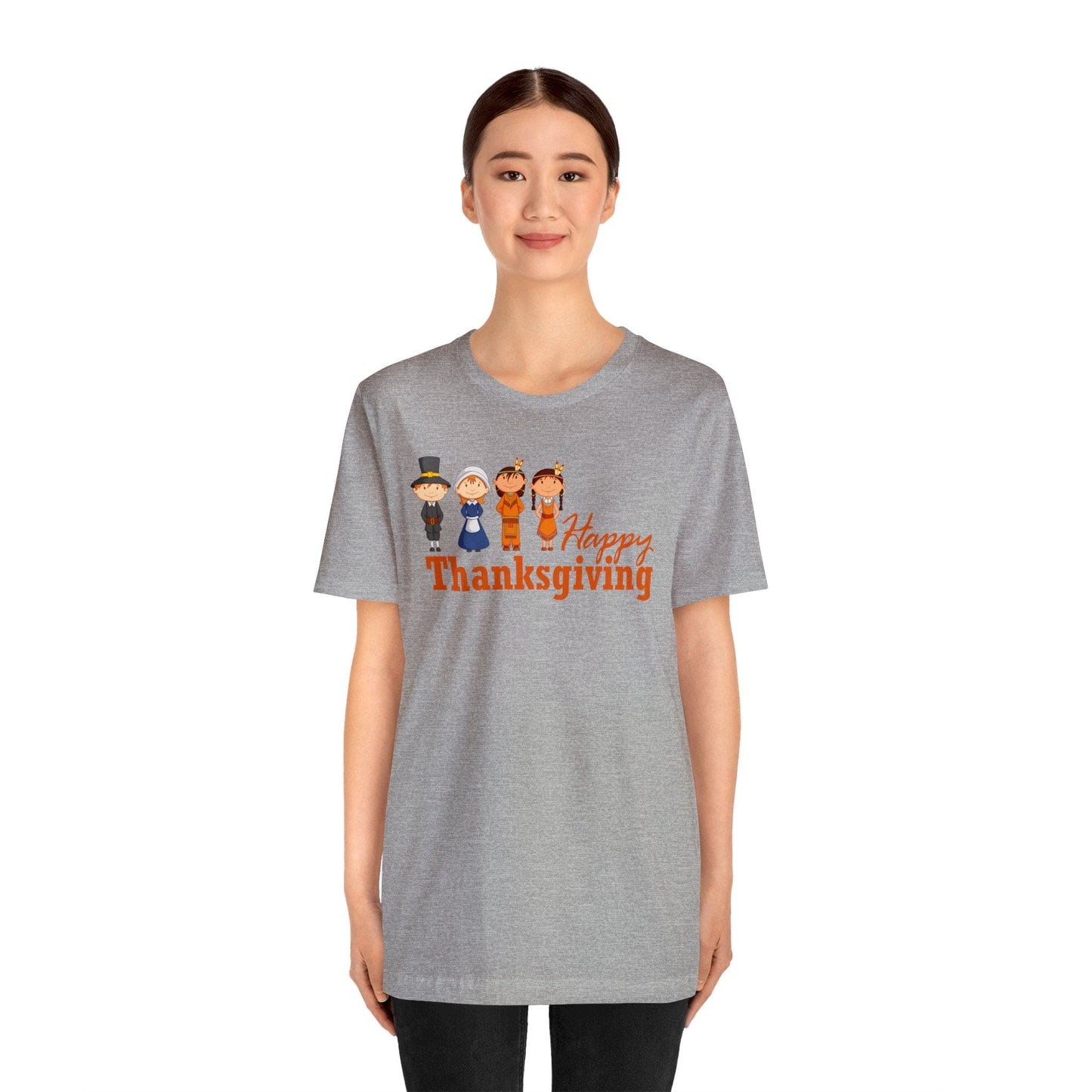 Happy Thanksgiving: "Happy Thanksgiving" w/Pilgrims & Native American Friends Design T-Shirt