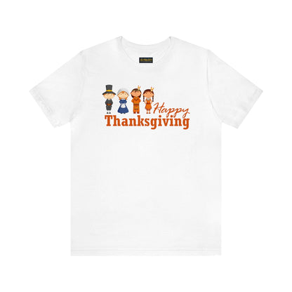 Happy Thanksgiving: "Happy Thanksgiving" w/Pilgrims & Native American Friends Design T-Shirt