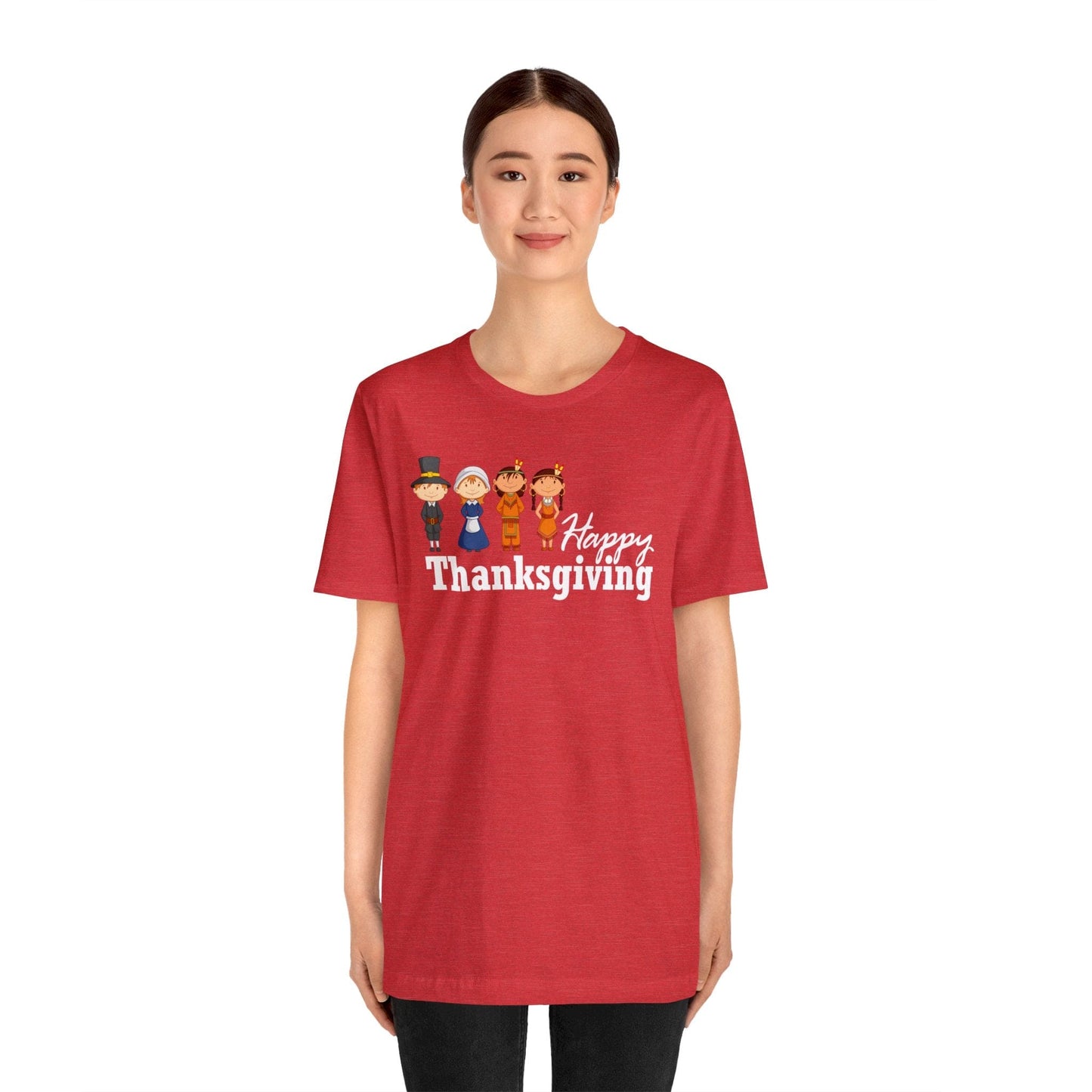 Happy Thanksgiving: "Happy Thanksgiving" w/Pilgrims & Native American Friends Design T-Shirt