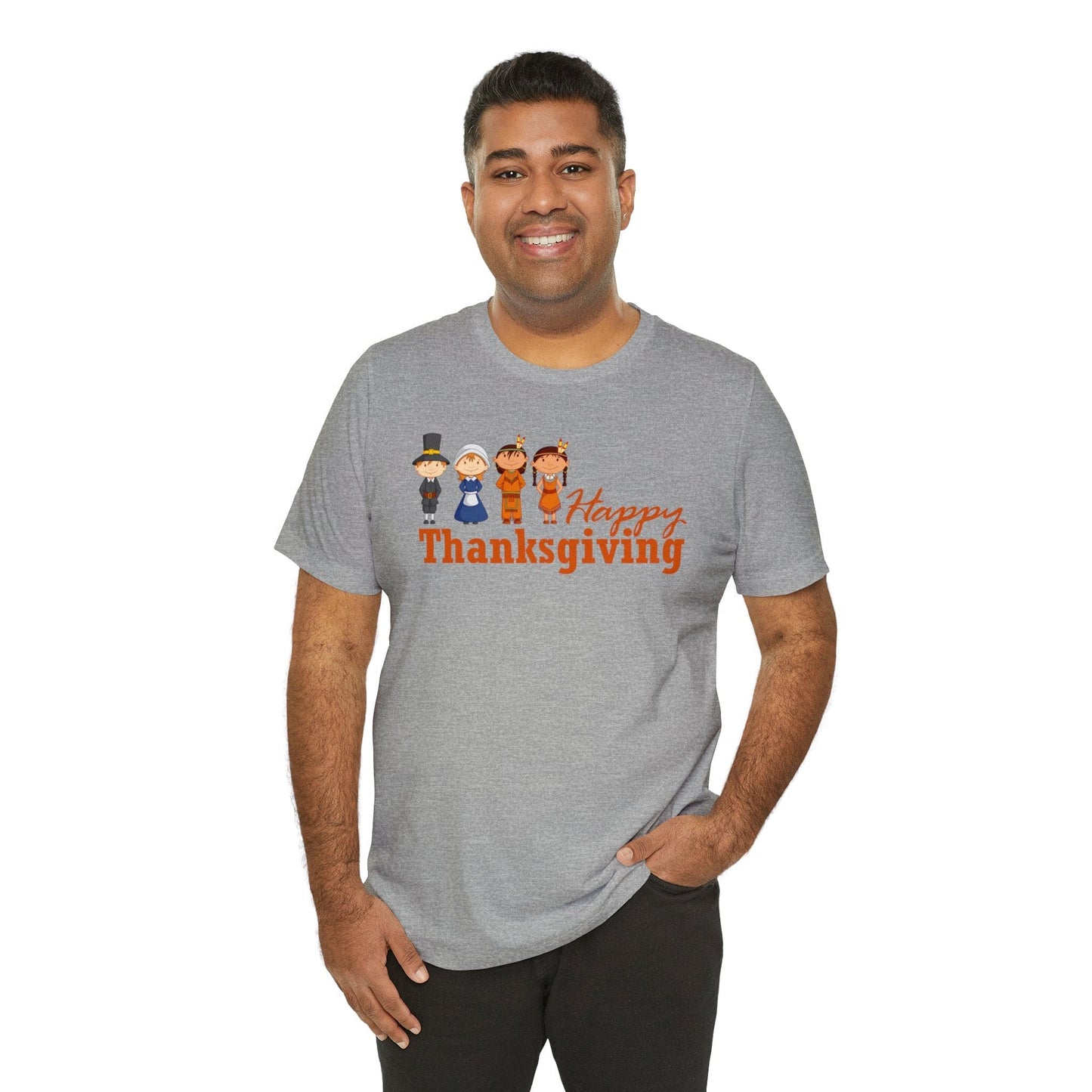 Happy Thanksgiving: "Happy Thanksgiving" w/Pilgrims & Native American Friends Design T-Shirt