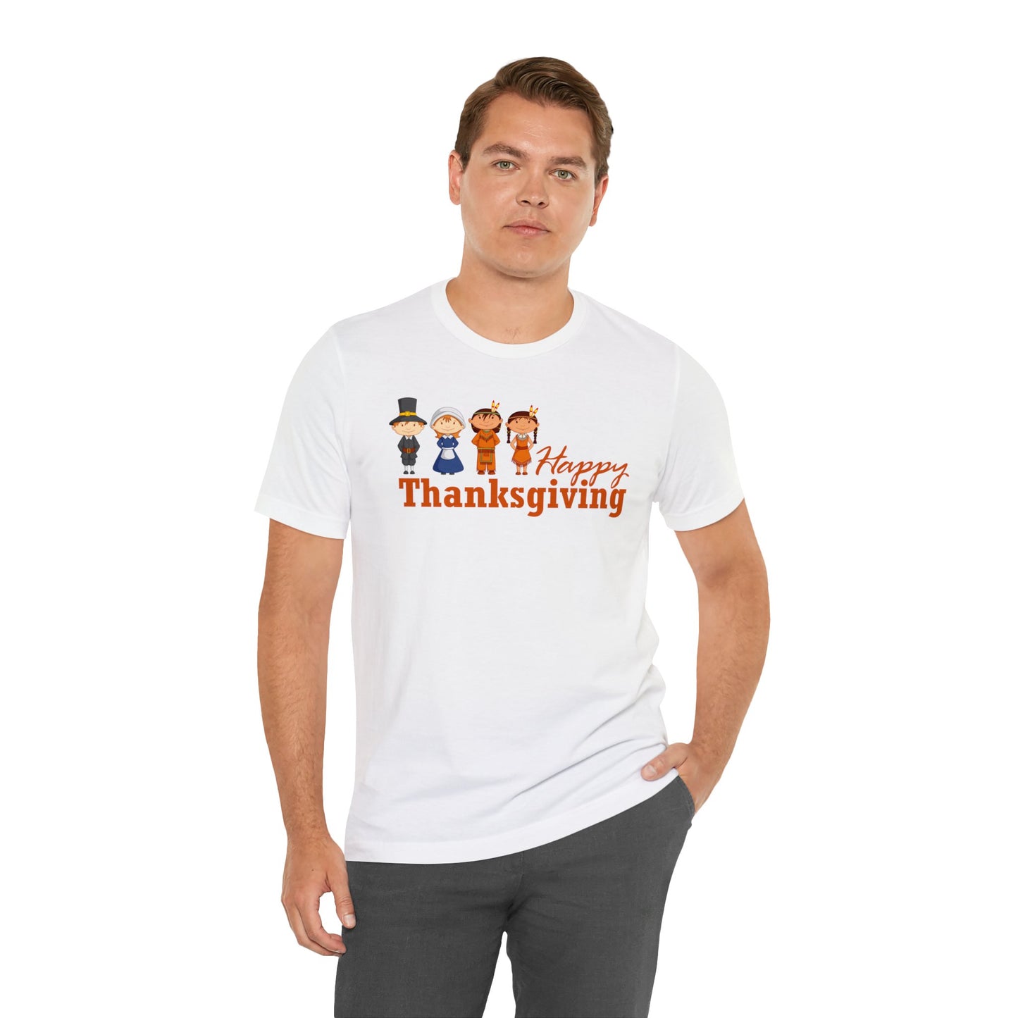 Happy Thanksgiving: "Happy Thanksgiving" w/Pilgrims & Native American Friends Design T-Shirt