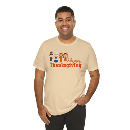 Happy Thanksgiving: "Happy Thanksgiving" w/Pilgrims & Native American Friends Design T-Shirt