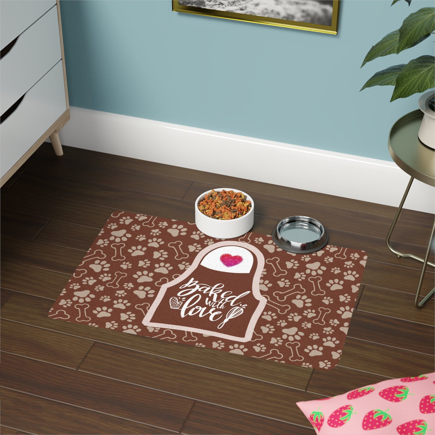 “Baked With Love” Apron image - Dog-Themed Pet Food Mat - “Paws & Bones” design (Brown, 12x18)