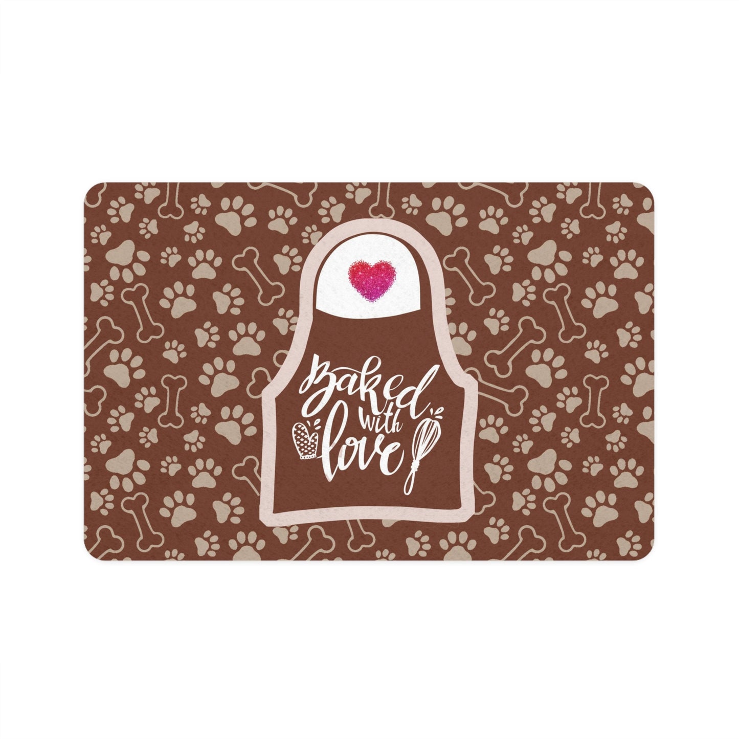 “Baked With Love” Apron image - Dog-Themed Pet Food Mat - “Paws & Bones” design (Brown, 12x18)