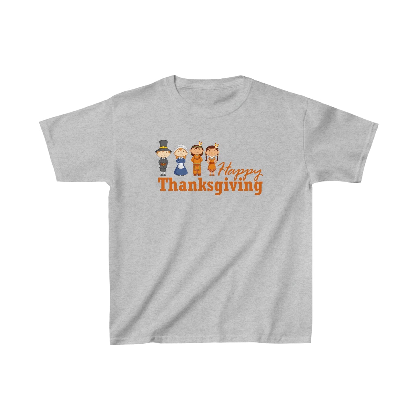 For Kids: Happy Thanksgiving: "Happy Thanksgiving" w/Pilgrims & Native American Friends Design Kids Heavy Cotton™ Tee