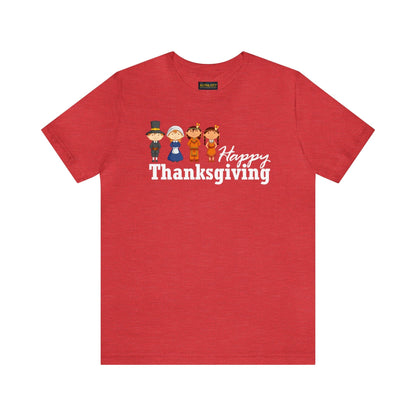 Happy Thanksgiving: "Happy Thanksgiving" w/Pilgrims & Native American Friends Design T-Shirt