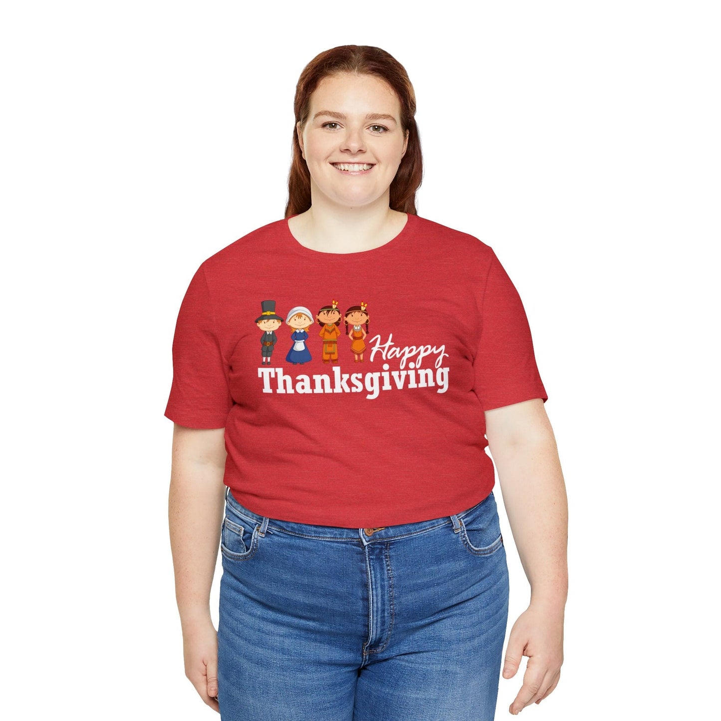 Happy Thanksgiving: "Happy Thanksgiving" w/Pilgrims & Native American Friends Design T-Shirt