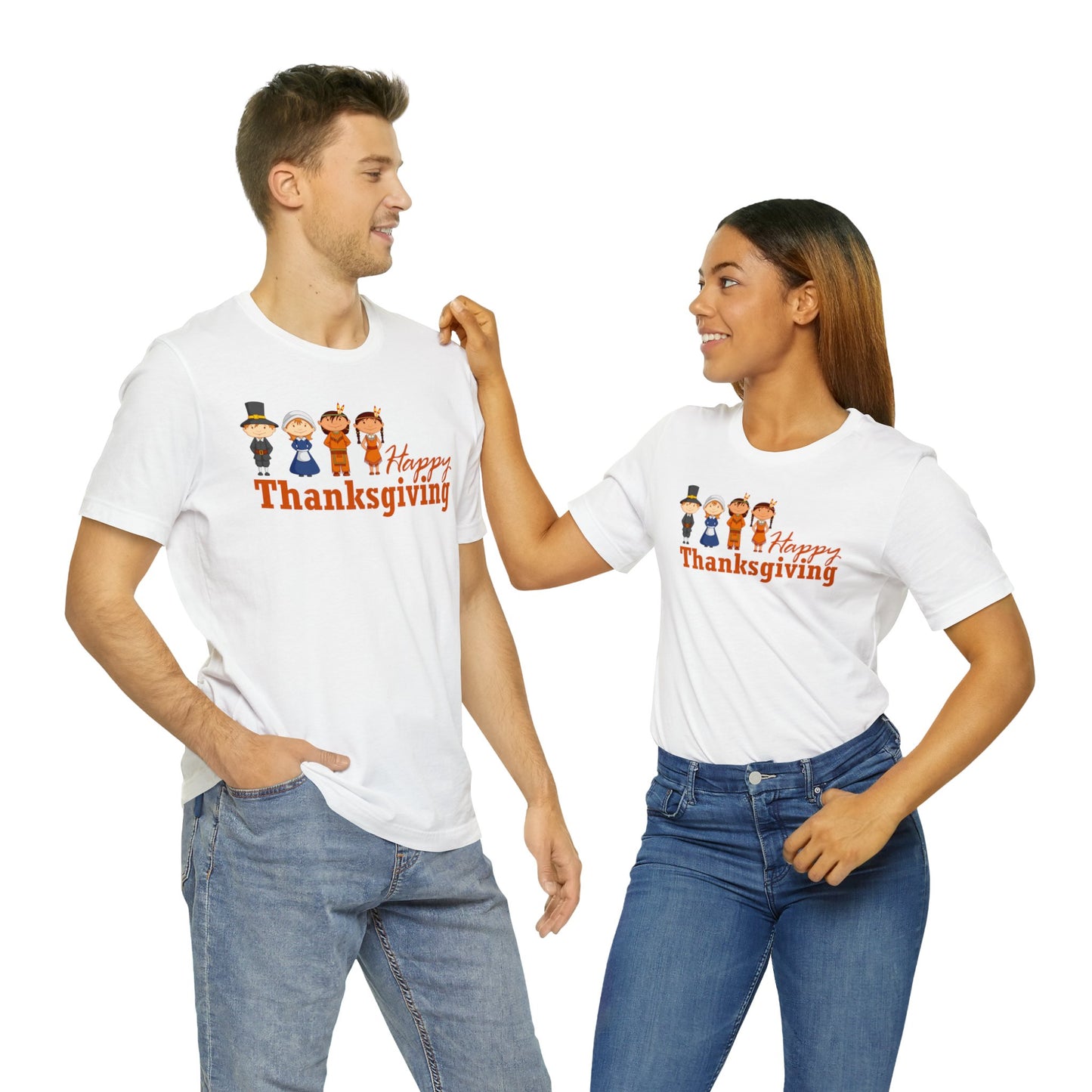 Happy Thanksgiving: "Happy Thanksgiving" w/Pilgrims & Native American Friends Design T-Shirt