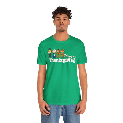 Happy Thanksgiving: "Happy Thanksgiving" w/Pilgrims & Native American Friends Design T-Shirt