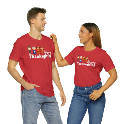 Happy Thanksgiving: "Happy Thanksgiving" w/Pilgrims & Native American Friends Design T-Shirt