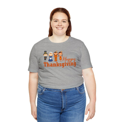 Happy Thanksgiving: "Happy Thanksgiving" w/Pilgrims & Native American Friends Design T-Shirt