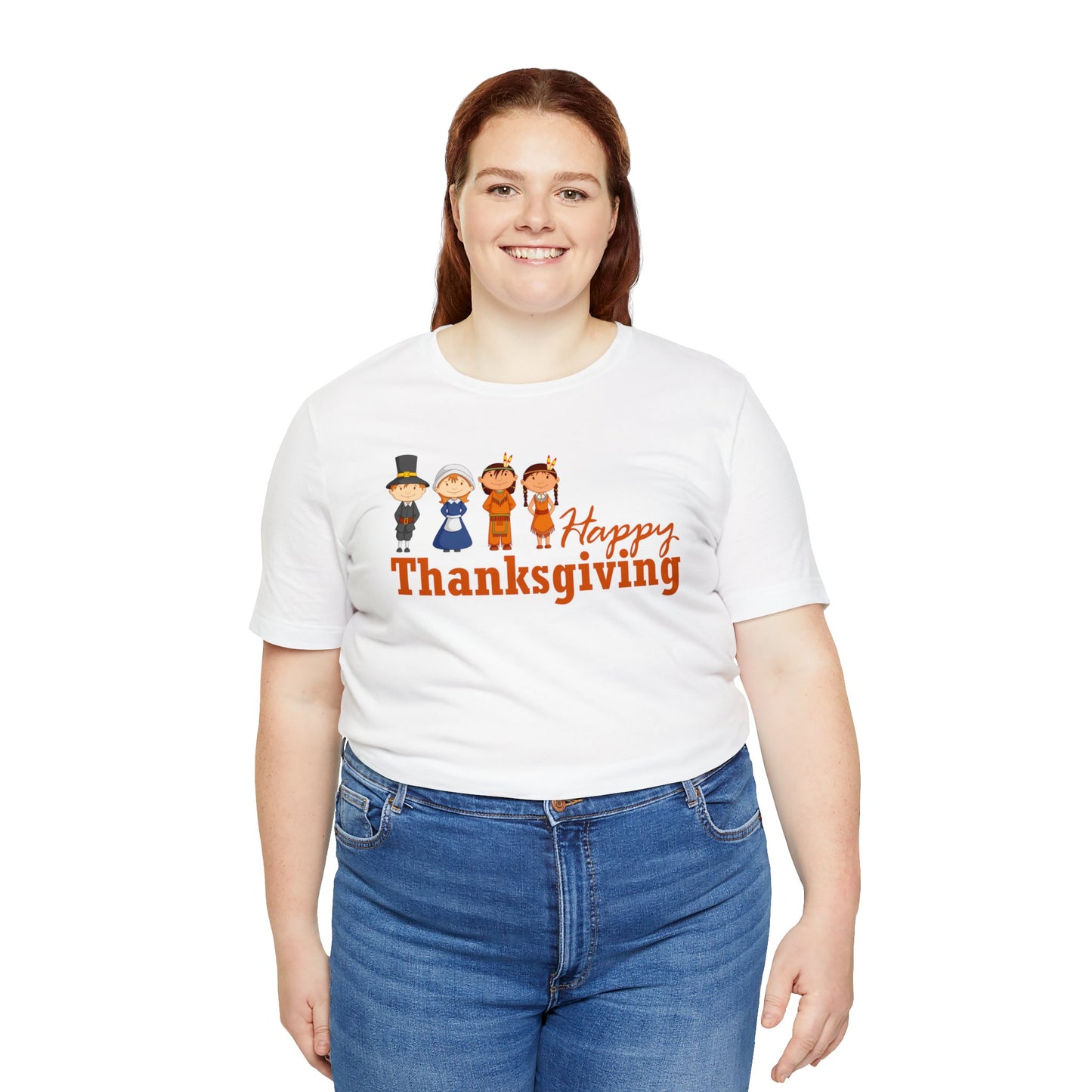 Happy Thanksgiving: "Happy Thanksgiving" w/Pilgrims & Native American Friends Design T-Shirt