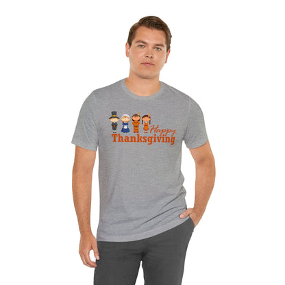 Happy Thanksgiving: "Happy Thanksgiving" w/Pilgrims & Native American Friends Design T-Shirt