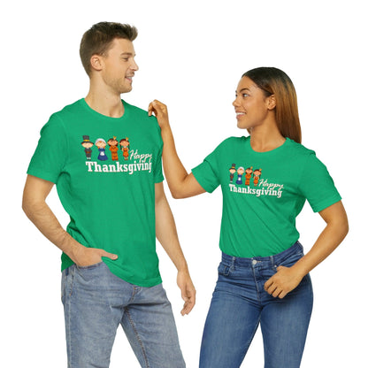 Happy Thanksgiving: "Happy Thanksgiving" w/Pilgrims & Native American Friends Design T-Shirt