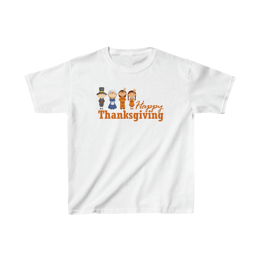 For Kids: Happy Thanksgiving: "Happy Thanksgiving" w/Pilgrims & Native American Friends Design Kids Heavy Cotton™ Tee