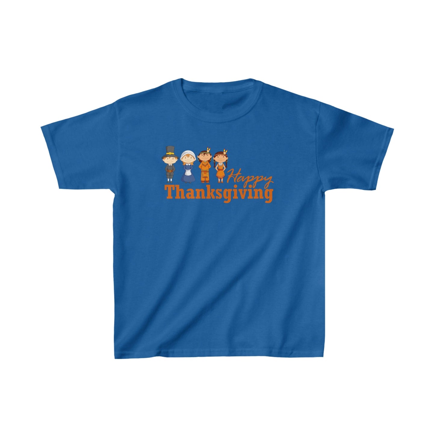 For Kids: Happy Thanksgiving: "Happy Thanksgiving" w/Pilgrims & Native American Friends Design Kids Heavy Cotton™ Tee