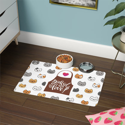 “Baked With Love” Apron image - Cat-Themed Pet Food Mat - "Fun Cat Faces" design (White, 12x18)