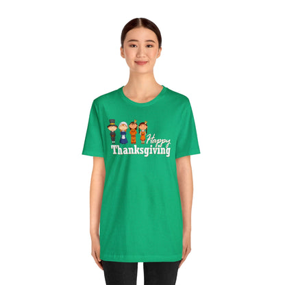 Happy Thanksgiving: "Happy Thanksgiving" w/Pilgrims & Native American Friends Design T-Shirt