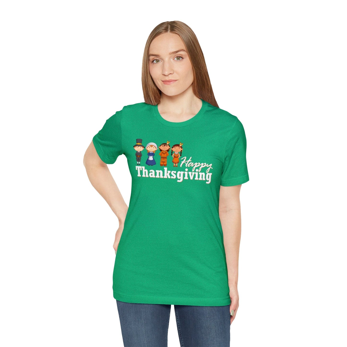 Happy Thanksgiving: "Happy Thanksgiving" w/Pilgrims & Native American Friends Design T-Shirt