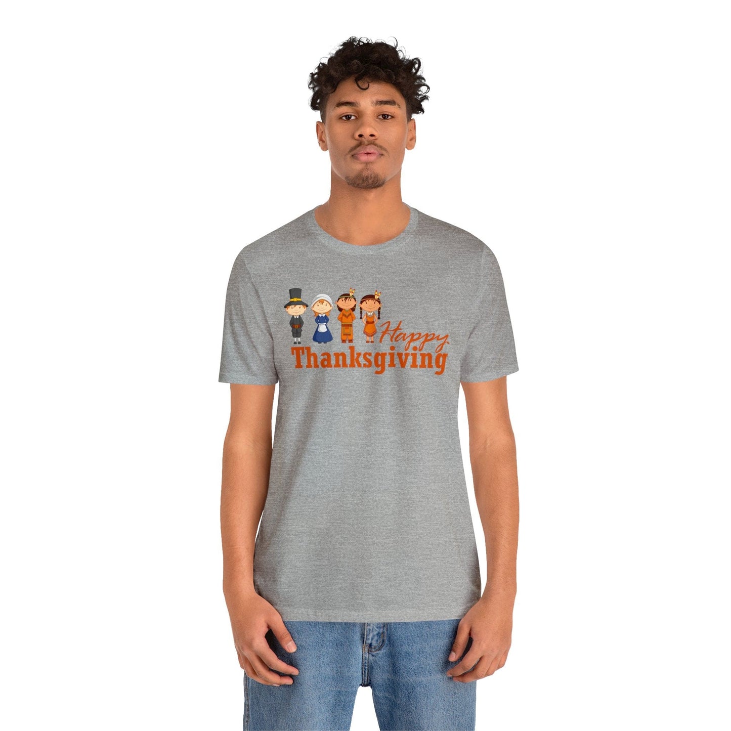 Happy Thanksgiving: "Happy Thanksgiving" w/Pilgrims & Native American Friends Design T-Shirt