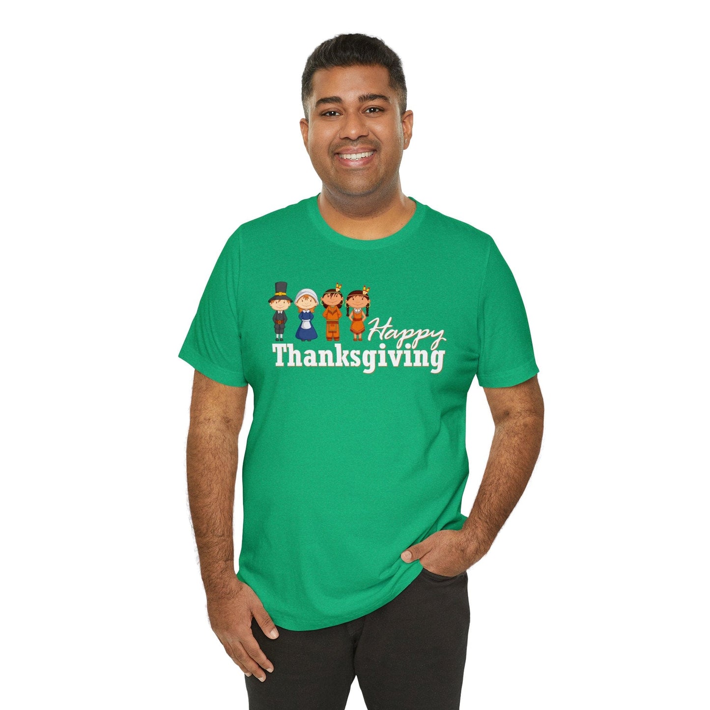 Happy Thanksgiving: "Happy Thanksgiving" w/Pilgrims & Native American Friends Design T-Shirt