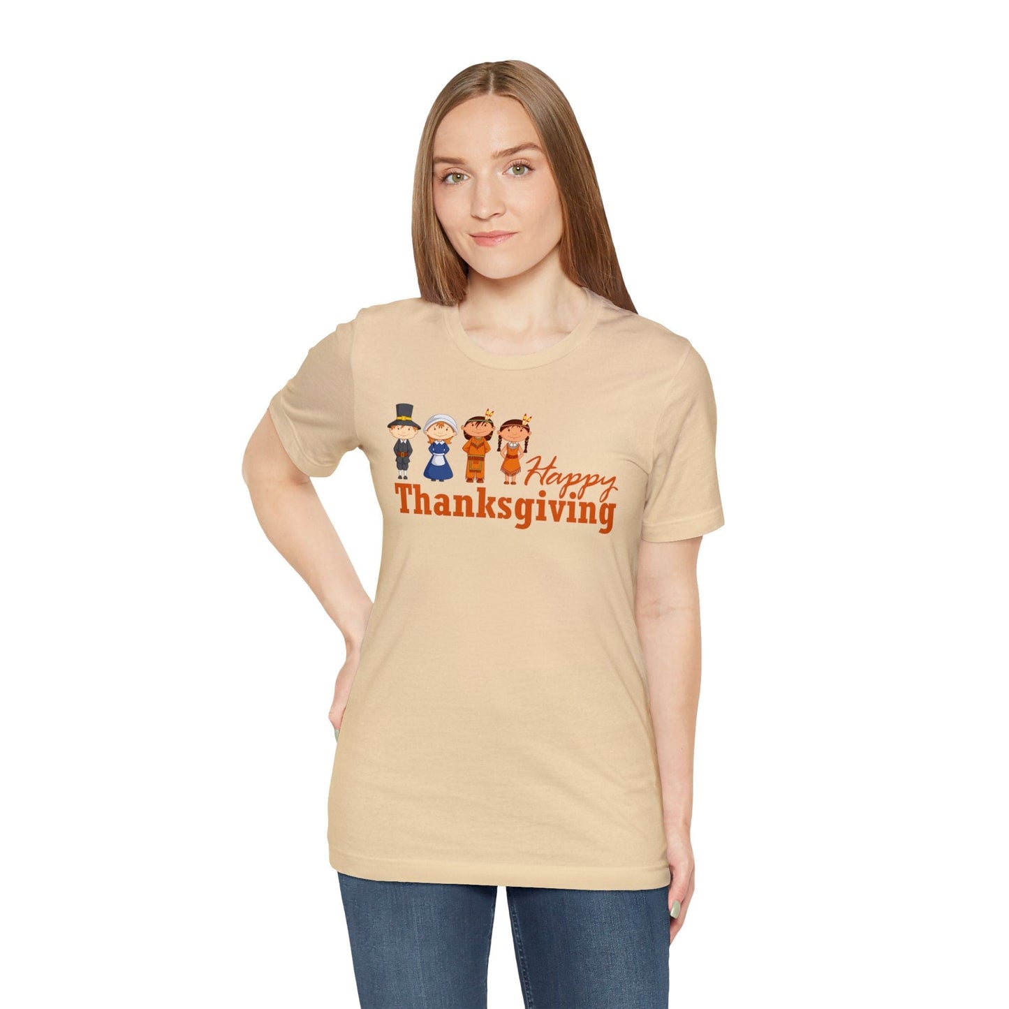 Happy Thanksgiving: "Happy Thanksgiving" w/Pilgrims & Native American Friends Design T-Shirt