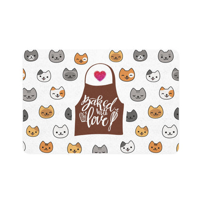 “Baked With Love” Apron image - Cat-Themed Pet Food Mat - "Fun Cat Faces" design (White, 12x18)