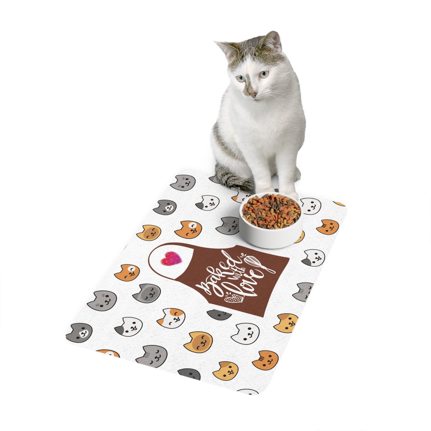 “Baked With Love” Apron image - Cat-Themed Pet Food Mat - "Fun Cat Faces" design (White, 12x18)