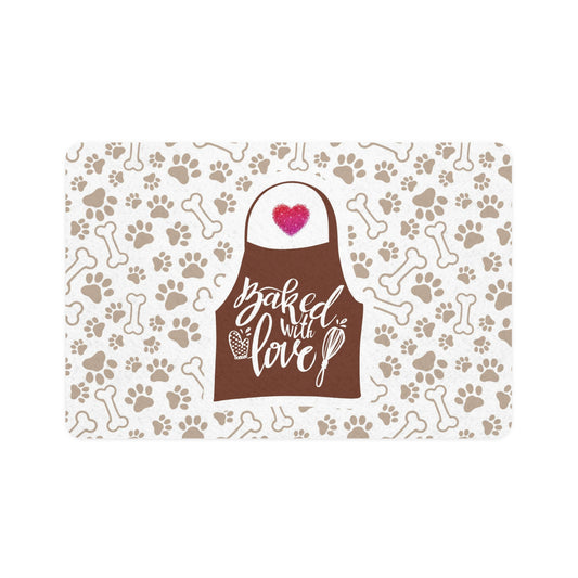 “Baked With Love” Apron image - Dog-Themed Pet Food Mat - “Paws & Bones” design (White, 12x18)